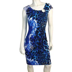 CACHE Dress, 6, Blue Leopard, Bodycon/Stretch, Drop shoulder, Colorful, Ring